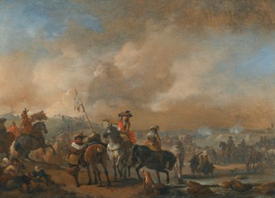 Cavalerie in beweging, een vesting onder belegering op de achtergrond door Philips Wouwerman